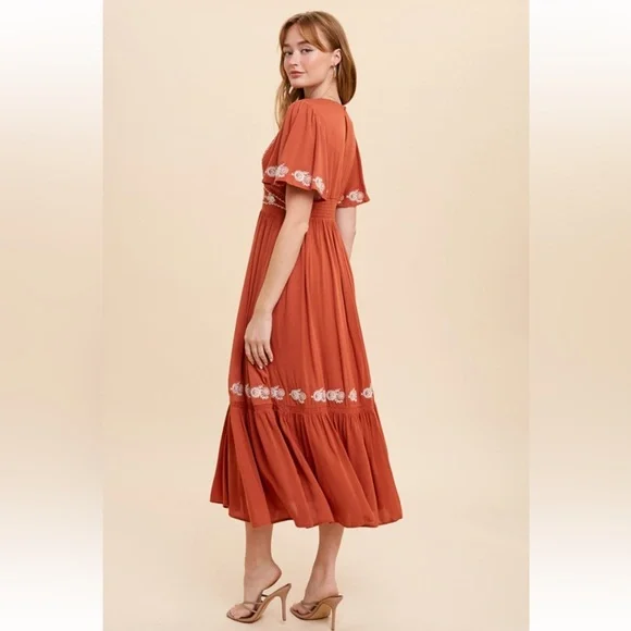 V Neck Embroidered Flutter Sleeve Dress|Rust - Picture 3 of 3